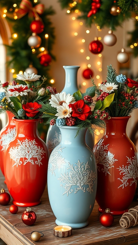 Festive ceramic vases decorated with flowers and greenery on a wooden table with Christmas decorations.